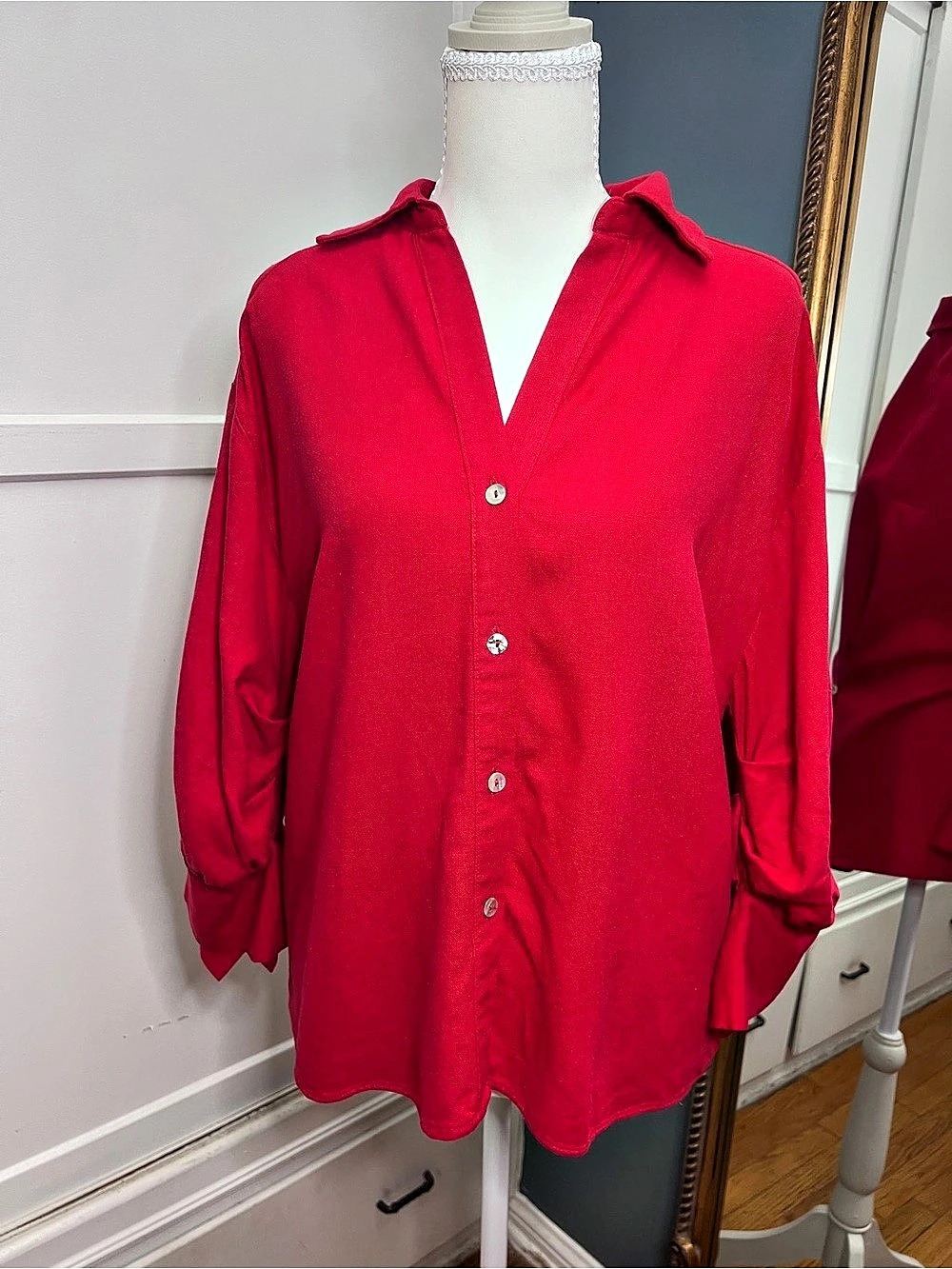 Zara Linen Blend Puff Sleeve Shirt Puff Sleeve Shirt in Red Size Small Like New